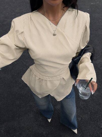 Siren Gaze Women's Autumn/Winter New Striped Waist Asymmetric Hem Blouse