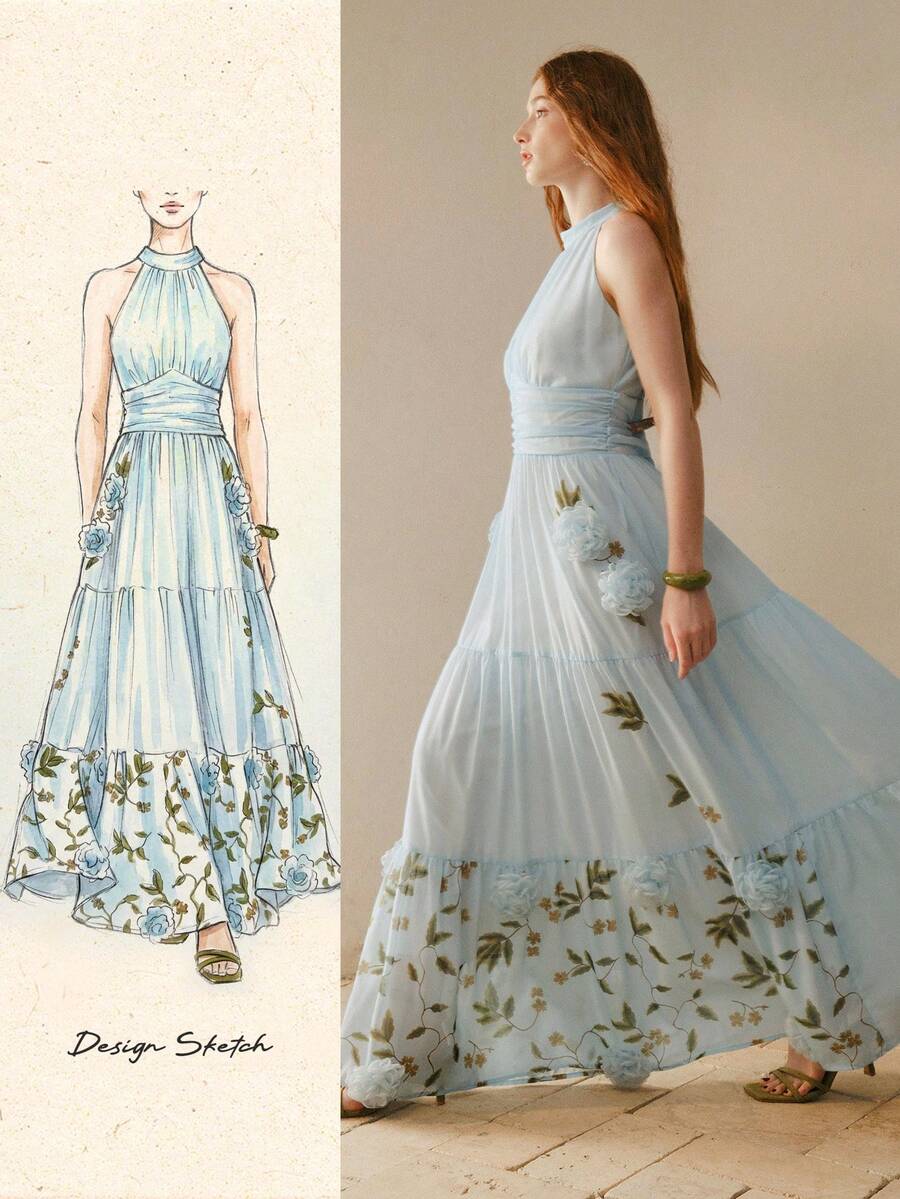 MOTF PREMIUM WOMEN RUCHED HALTER NECK 3D FLORAL DRESS - Baby Blue - View 1