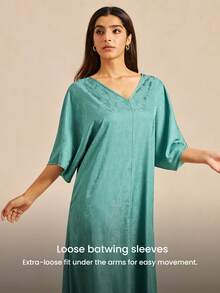 LUVLETTE Women's Breathable Teal Satin Sleep Dress Loose-Fit Midi Dress With Fringe Trim Lightweight Nightwear Gown Pyjama - Green - View 8