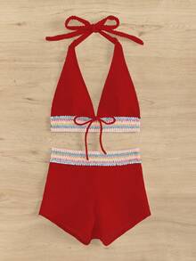 SHEIN Swim 2件套新款春夏红色露背系带短款上衣和短裤，度假休闲沙滩派对比基尼泳装，女士 - 紅色 - 查看 5