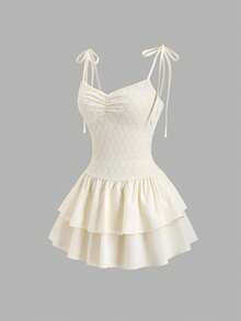 Sweetra Spring & Summer Sweet Girl Textured Camisole Tie-Up Jacquard Fabric Pleated Bustier Patchwork Double-Layer Ruffle Hem Women White Dress - Yellow - View 3