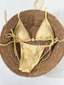 Swim Mod Bộ bikini dây mảnh màu vàng, chất liệu vải dệt họa tiết, kiểu buộc dây hai bên, cạp cao, thích hợp cho mùa xuân/hè 2026, ngọt ngào và dễ thương cho kỳ nghỉ. - Màu vàng - Xem 4