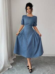 Elenzga Vestido de mezclilla con cintura ceñida para mujer - Azul lavado medio - Ver 6