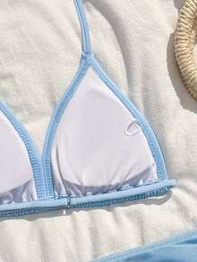 SHEIN 少女比基尼套装，可爱蓝粉百合花六瓣针织面料，细肩带可调节颈带，腰部抽绳裙摆，三件套泳装，时尚优雅休闲，适合游泳、夏季度假、海滩、泳池、节日派对。三件套泳装，夏季两件套泳衣，印花比基尼，保守比基尼套装 - 彩色 - 查看 4