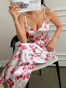 Napfluff Bow Print Faux Silk Camisole & Pants Pajama Set - Red - View 3