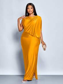 SOLERSUN 大码女式派对通勤优雅棕色亮面针织面料无袖露肩不对称领肩部褶裥臀部收褶性感H型下摆侧开衩长裙，圆领腰包搭配折叠臀部褶裥的超长连衣裙，不对称拼接褶裥，秋冬季，派对礼服，舞会礼服，奢华晚礼服，毕业礼服，黑色连衣裙 - 橘色 - 查看 7