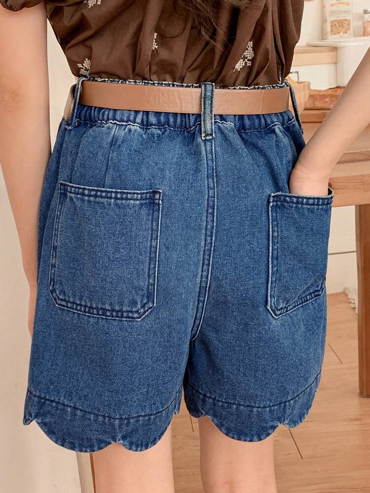 Tween Girls' Casual Pocketed Button Denim Shorts, Versatile For Daily Wear