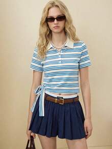 SHEIN Unity Spring/Summer New Blue & White Striped Polo Collar Half-Zip Waist Tie Bow Decor Sweet Cute T-Shirt, Retro College Style For Commuting - Blue and White - View 5