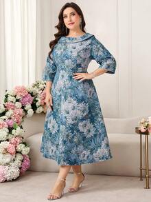 Ellevyn 大码女士优雅提花长袖中长连衣裙，适合派对和外出，秋冬季 - 彩色 - 查看 5