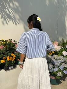 大码休闲条纹前开襟短袖衬衫，商务休闲女式上衣，女士流行穿搭衬衫，女士休闲上衣，夏季休闲时尚外套 - 藍白色 - 查看 2
