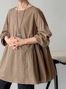 FRIFUL 女士纯棉褶皱圆领长袖宽松休闲百搭衬衫，适合春夏穿着 - 灰色 - 查看 3