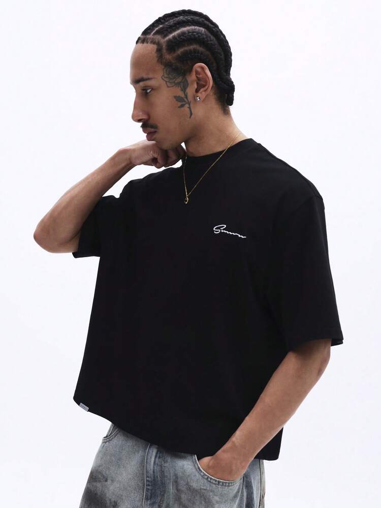Black Oversized Graphic Tee With Blue Text