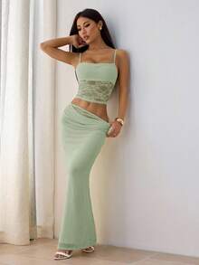 SHEIN PETITE Ladies Summer Lace Stitching See-Through Two Pieces Suit Backless Top + Long Skirt Sexy And Elegant Festival Wear Valentine's Day Dating Wear Music Festival Banquet Light Dress Suitable For Autumn And Winter Inner Wear - Green - View 4