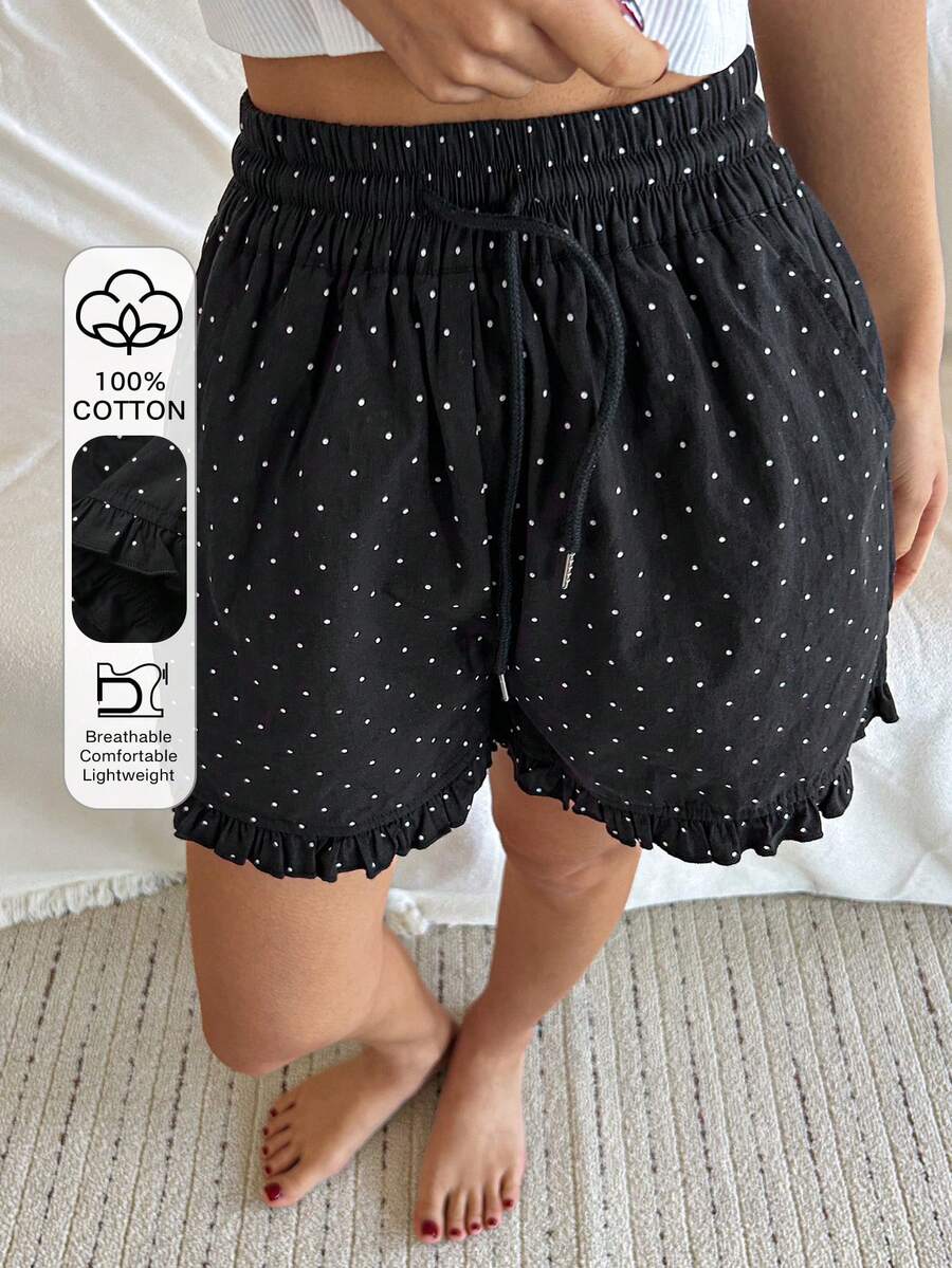 DAZY Polka Dot Print Ruffle Hem Short Women Pajama Bottoms - Black - View 1