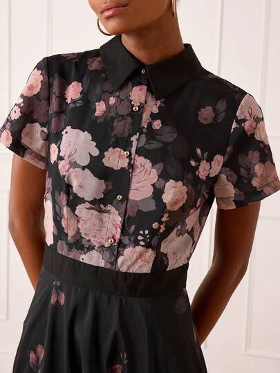 Lilora Vestido midi feminino elegante com estampa floral e mangas curtas