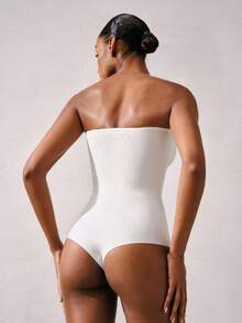 女士无缝一体式塑身吊带背心设计，前开襟，防滑，腰腹塑形，按扣裆部 - 白色 - 查看 2