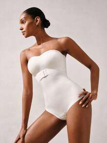 女士无缝一体式塑身吊带背心设计，前开襟，防滑，腰腹塑形，按扣裆部 - 白色 - 查看 7