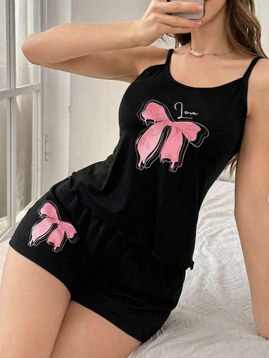 Set de 2 piezas de pijama informal con camiseta de tirantes con volantes y pantalón corto con estampado de mariposas rosa, estilo juvenil - Rosa - Ver 1