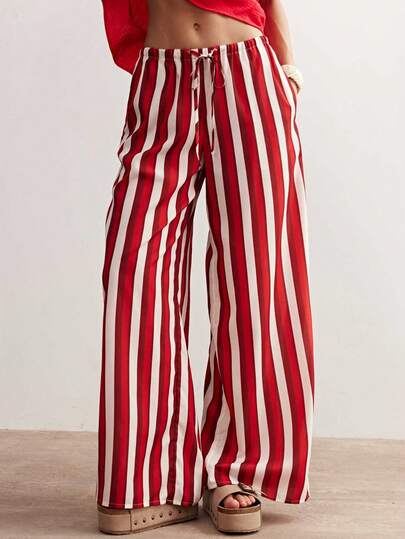 Bohemela Pantalones de vacaciones estilo bohemio vintage de rayas rojas para mujer, apropiados para vacaciones en la playa, uso diario, regreso a clases, salidas y fiestas, graduación, vacaciones de verano