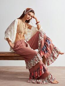 Bohemela Casual Vacation Woven Patchwork Ruffle Hem Loose Wide Leg Women Pants - Red - View 9