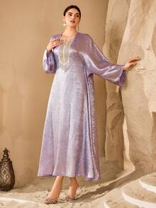 Al Najma Women's Shiny Embroidered Beaded Long Robe, Loose Slimming Banquet Elegant Robe - Purple - View 6