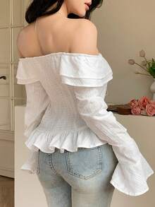 DAZY Women's Elegant Textured Off-Shoulder Ruffle Tie Flare Sleeve Blouse, Spring - Beige - View 2