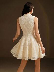 Anewsta 女士冬季连衣裙，圣诞节和新年款，立领无袖收腰网纱面料3D花卉刺绣优雅连衣裙 - 杏色 - 查看 2