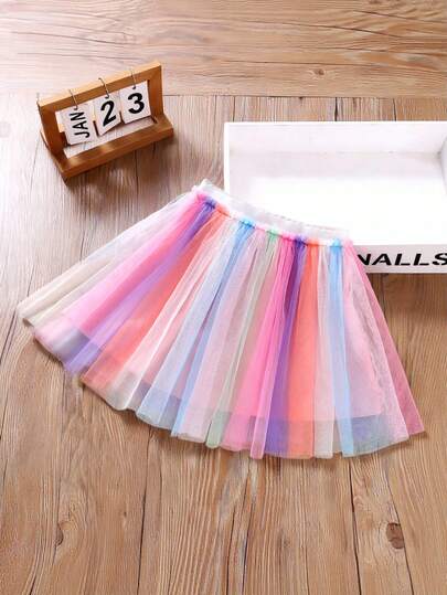SHEIN Elladie kids Young Girl Gradient Color Mesh Elastic Waist Casual Skirt, Summer Holiday Style