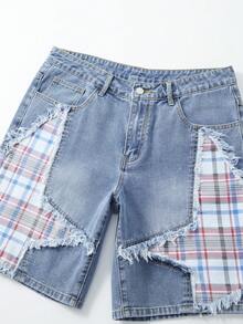 ROMWE MEN Street Life Men's Patchwork Five-Pointed Star Frayed Plaid Loose Casual Denim Shorts - Blue - View 7
