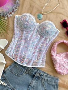 Soleia Áo định hình vóc dáng, đính sequin nhiều màu sắc, ôm sát, thanh lịch, buộc dây phía sau, ren và hoa văn. - Màu xanh lam - Xem 6