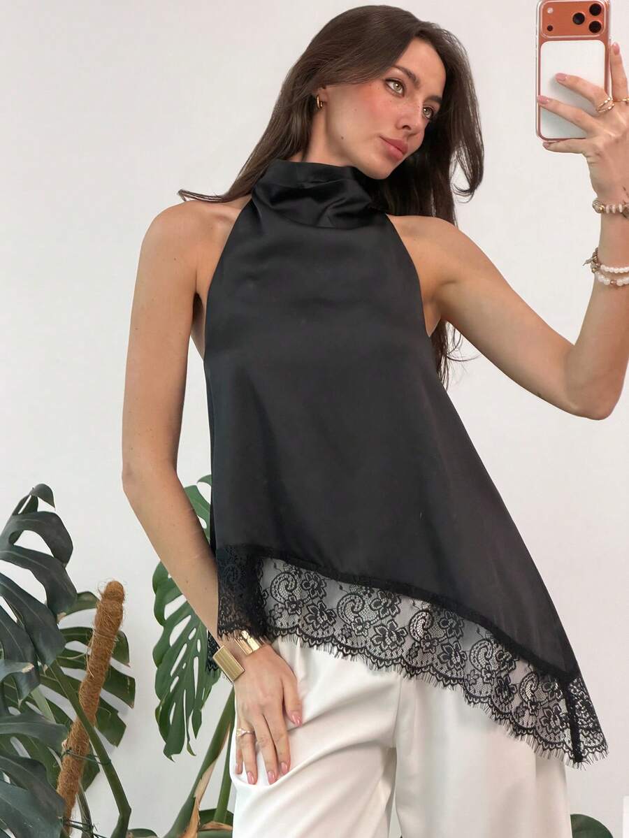 Aloruh Áo kiểu nữ đi nghỉ mát, phối ren tương phản, hở lưng, cổ yếm, thích hợp cho các buổi hòa nhạc, lễ hội, nhạc đồng quê, Ibiza, Nashville, phong cách miền Tây, boho, đường phố, nhiệt đới. Áo vest satin đen với viền ren bất đối xứng ở gấu áo, một lựa chọn đơn giản và thanh lịch cho công sở. - màu đen - Xem 1