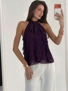 Aloruh 女士荷叶边露背系带浪漫优雅吊带衫 - 紫色 - 查看 7