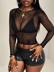 BamGleam 女士性感镂空渔网露脐紧身短款上衣 - 黑色 - 查看 3