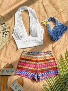 Soleia Bộ đồ 2 mảnh phong cách Bohemian lãng mạn họa tiết hoa: Áo tank top cổ yếm kẻ sọc nhiều màu sắc và quần short, thích hợp cho các dịp thường nhật mùa xuân/hè, đi biển, dự đám cưới, lễ tốt nghiệp, ngày lễ Thánh Patrick, lễ Phục sinh, lễ hội âm nhạc. - Nhiều màu - Xem 6