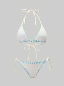 Swim Oasis 3件套女士印花系带比基尼套装，正面金属装饰，热带度假装，沙滩装，沙滩俱乐部装，泳装罩衫裙，沙滩裙套装 - 彩色 - 查看 10