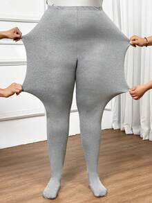 SHEIN CURVE+ Plus Size Black Mesh Lined Fleece Leggings, Autumn/Winter - Light Grey - View 6
