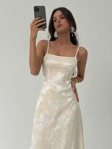 Aloruh 杏色吊带A字连衣裙，浪漫约会/婚礼蕾丝面料优雅长裙，女士 - 杏色 - 查看 5