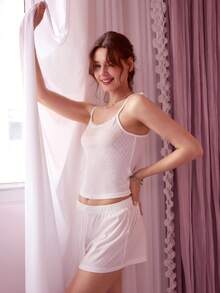 Bonmuse 女士镂空爱心提花睡衣套装，U领蕾丝吊带背心和短裤，休闲舒适家居服，春夏款 - 白色 - 查看 1