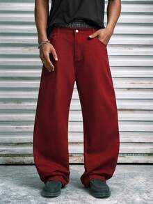 Modcrash 1件 Infinite Jeans 男士休闲直筒牛仔裤，高品质品牌舒适裤装，适合外出穿着（不含腰带和配饰），复古美式，男女皆宜，宽松版型夏季服装——适合日常穿着和夏季度假穿着。 - 酒紅色 - 查看 6