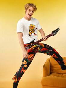 Men's Hamburger Pattern Elastic Waist Lounge Pants - Black - View 1