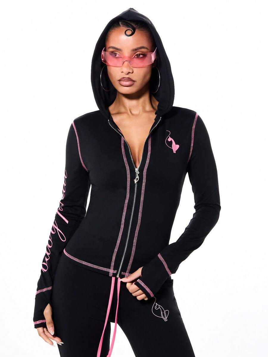 BABYPHAT Women's Letter Print Contrast Trim Zip-Up Hoodie - Black - View 1