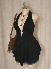 SHEIN ICON 大码 Y2K 风格镂空不对称下摆娃娃衫吊带针织背心 - 黑色 - 查看 8