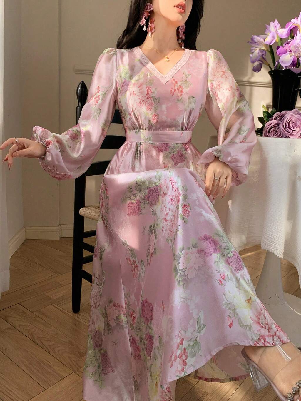 Women's Elegant Floral Lace Patchwork V-Neck Petal Sleeve Mid-Length Dress, Spring/Summer,Wedding Guest Dress Women Sundress