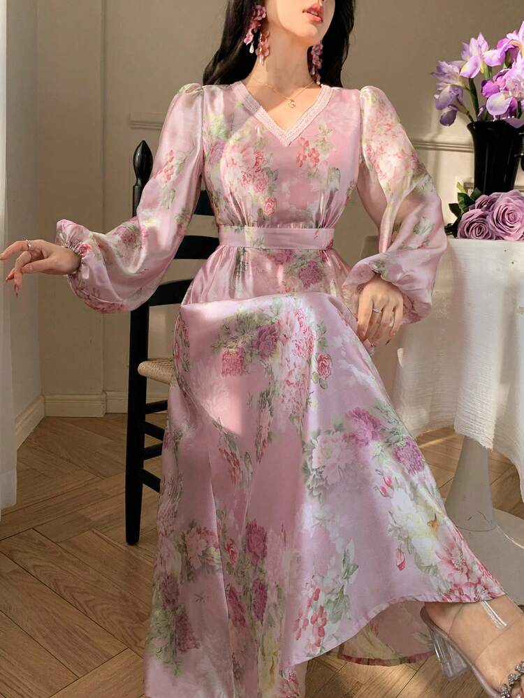 Women's Elegant Floral Lace Patchwork V-Neck Petal Sleeve Mid-Length Dress, Spring/Summer,Wedding Guest Dress Women Sundress