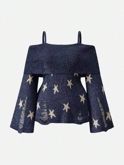 ROMWE Hippie Plus Size Mysterious Witch Astrology Off Shoulder Sweater