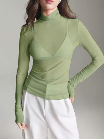 2026SS Women's Solid Color Sheer Mesh High Neck Long Sleeve Blouse, Urban Commute Business Casual Elegant Top, Suitable For Holiday, Party, Wedding Guest, Summer
