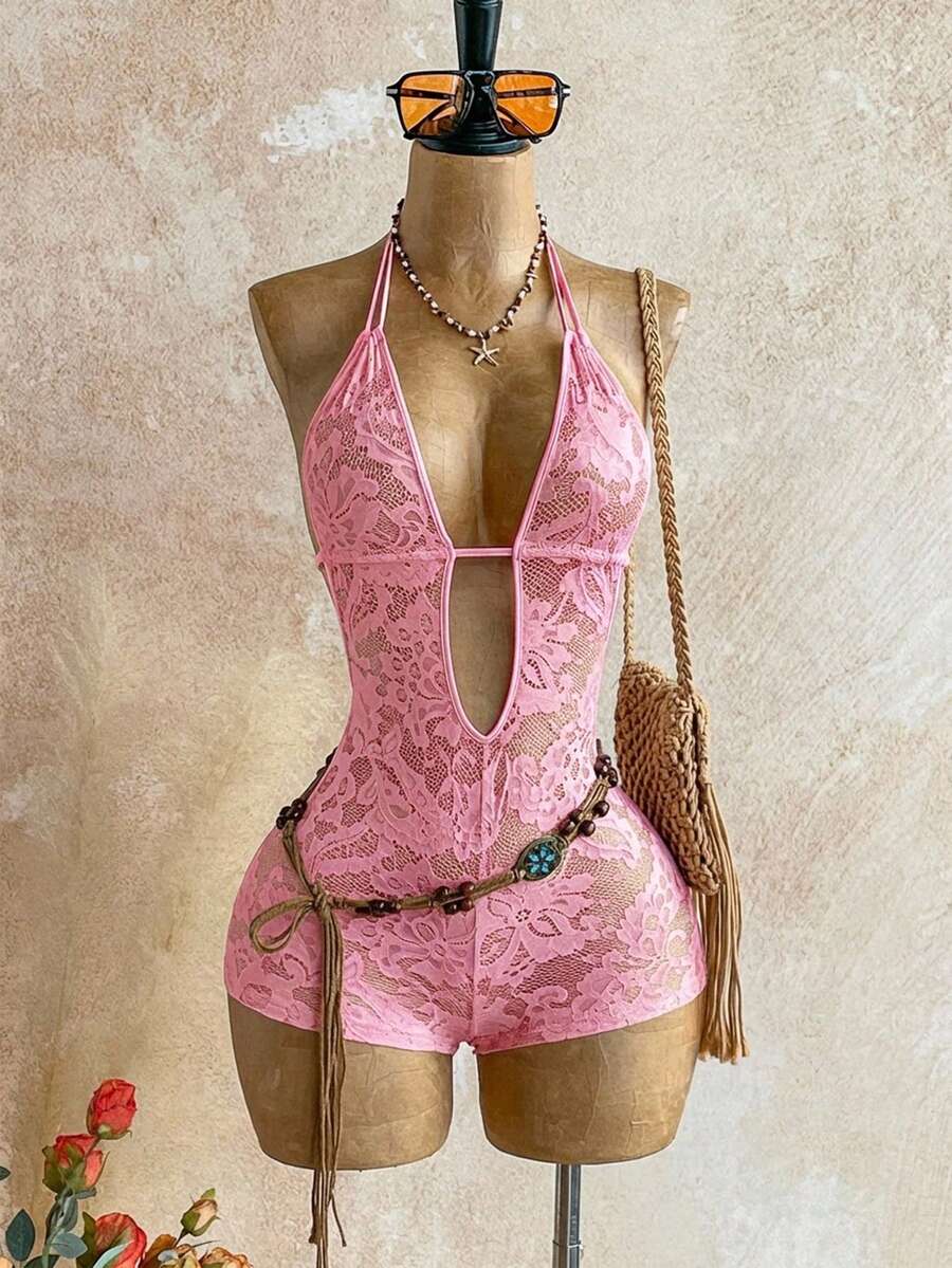 Soleia Bộ jumpsuit ren phối nhiều mảnh gợi cảm, buộc dây cổ, hở lưng dành cho nữ, thích hợp cho hẹn hò và tiệc tùng. - Hồng - Xem 1