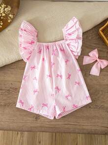 SHEIN 新生女宝宝可爱夏季休闲粉白条纹蝴蝶结连体衣 - 粉色 - 查看 1