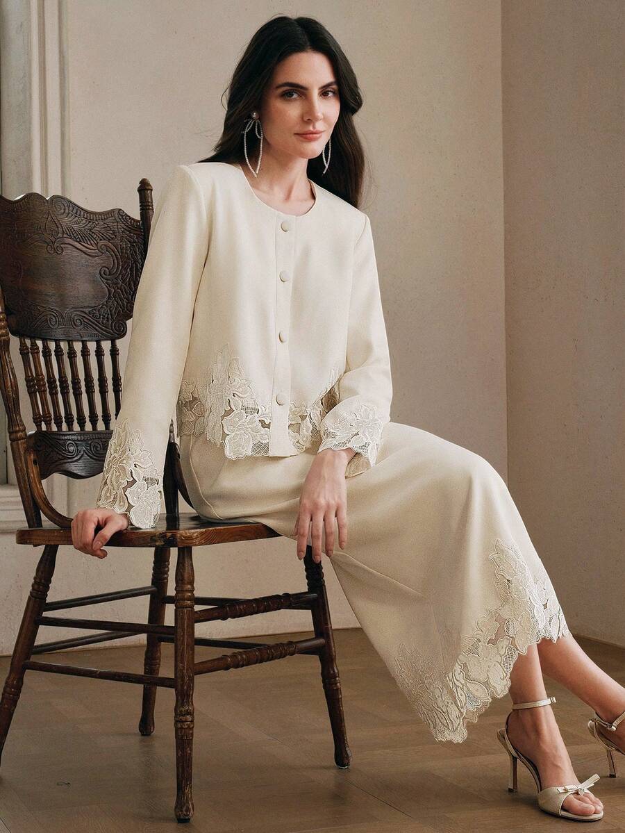 Anewsta 女士优雅刺绣圆领长袖上衣搭配米色半裙套装，春季穿搭 - 杏色 - 查看 1