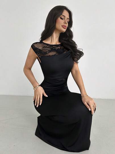 Firerie New Arrival Spring/Summer Elegant Romantic Date Sexy Party Fashion Charming Valentine's Day Black Lace Sleeveless Textured Sheer Ruched Bodycon Black Sleeveless Maxi Dress